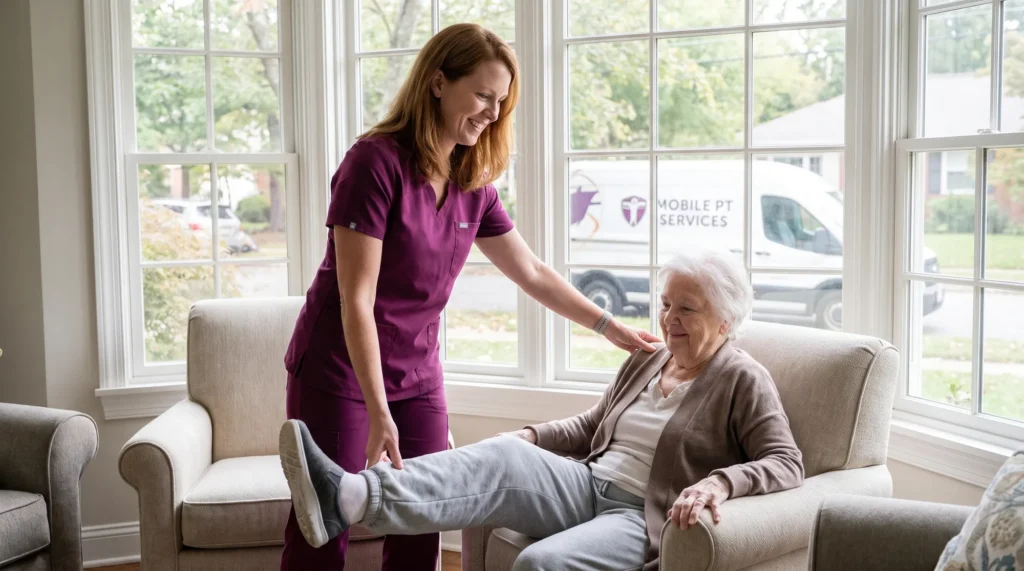 A therapist guides an older woman through a seated leg exercise in her living room