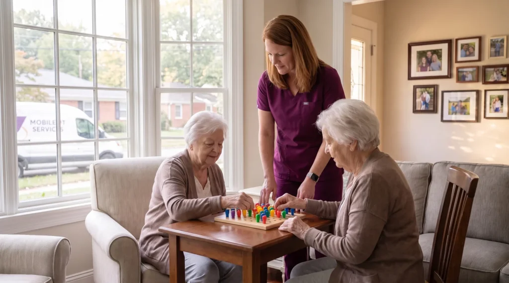 An occupational therapist guides two older women through a fine-motor pegboard task at a living room table