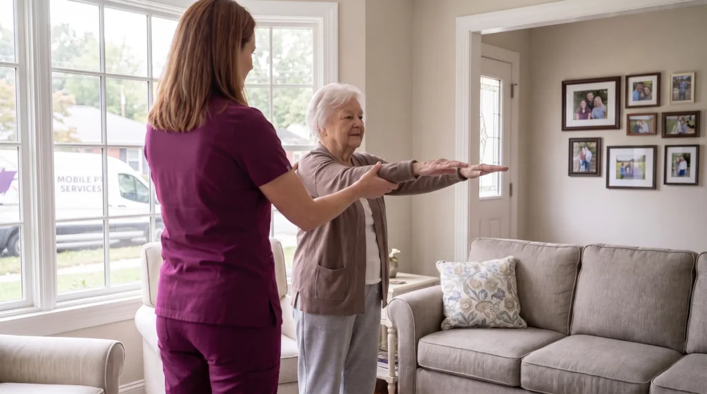 A therapist steadies an older woman as she practices a standing arm exercise in her own living room